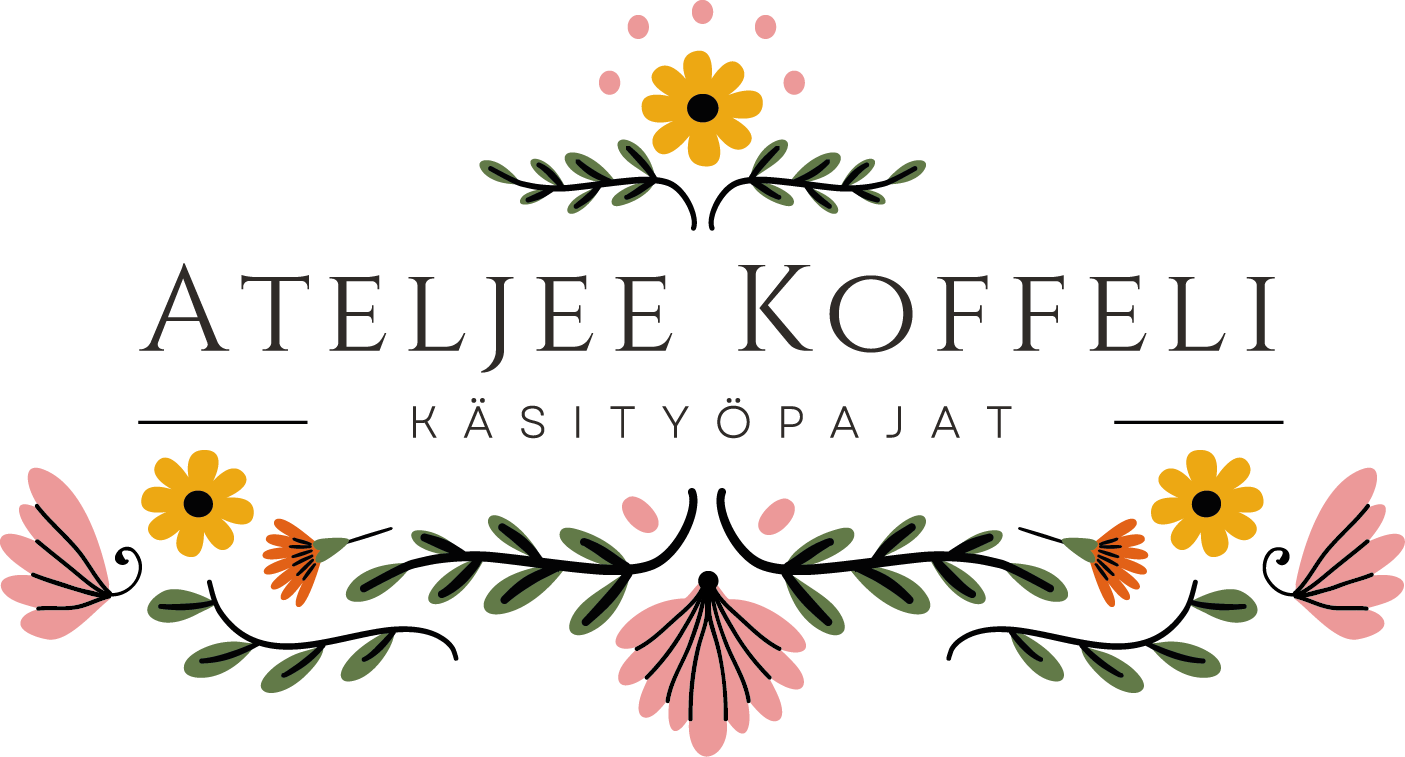 Ateljee Koffeli – käsityöpajat. Logo, jossa nimen ympärillä on värikkäitä kukka- ja lehtikuvioita.